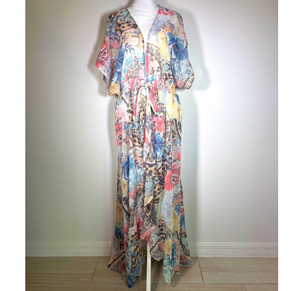 Sheer Floral Leopard Sequin Maxi Swim Cover Up Kimono Lightweight XL New Venus